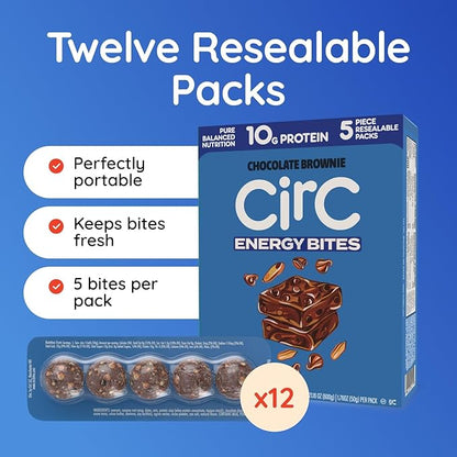 CirC Energy Bites - 12 Pack Chocolate Brownie Gluten Free Protein Balls - 10g Protein, Whole Grains, Nuts & Fruit - Portable Healthy Snacks for Adults & Kids, 5 Piece Resealable Packs