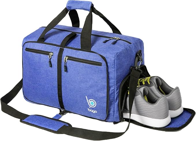 Bago Foldable Duffel Bags for Traveling Women & Men - 60L Medium Packable Duffle Bag for Travel with Shoe Compartment - Water Repellant, Heavy Duty, Lightweight Folding & Collapsible (SnowDepBlue)