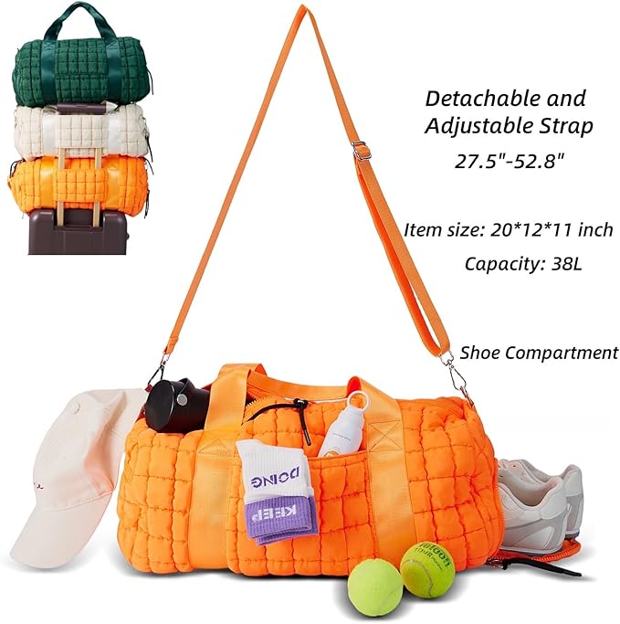 Quilted Duffel Gym Bag for Men and Women Carry On Travel Sport Weekender Bag, Orange