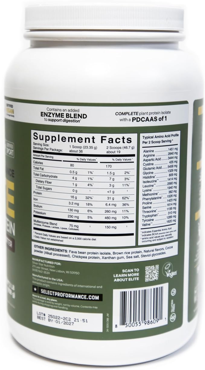Select Proformance Elite Vegan Plant Protein Powder, Chocolate Brownie Batter, NSF Certified, No Added Sugar, 16g of Protein per Serving, 38 Servings, 2 Lbs