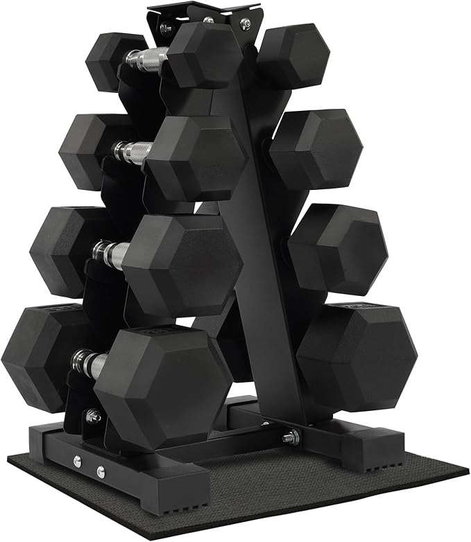 Rubber Coated Hex Dumbbell Weight Sets and Storage Rack, 100LB Set or 150LB Set, 5-20 lbs Pairs or 5-25 lbs Pairs