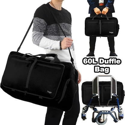 Bago Foldable Duffel Bags for Traveling Women & Men - 60L Medium Packable Duffle Bag for Travel with Shoe Compartment - Water Repellant, Heavy Duty, Lightweight Folding & Collapsible (All Black)