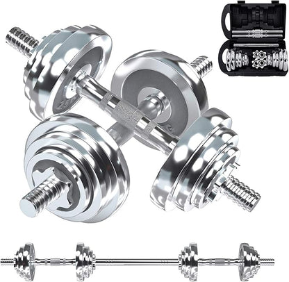 VIVITORY Fitness Dumbbells Set, Adjustable Weight Sets up to 11/22/44/66/110 lbs, with Metal Connecting Rod Used As Barbell, Chromed Weights, Hardcover Gift Box, Home Gym Work Out Training Equipment