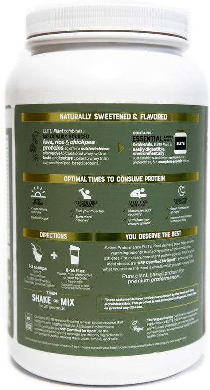 Select Proformance Elite Vegan Plant Protein Powder, Chocolate Brownie Batter, NSF Certified, No Added Sugar, 16g of Protein per Serving, 38 Servings, 2 Lbs