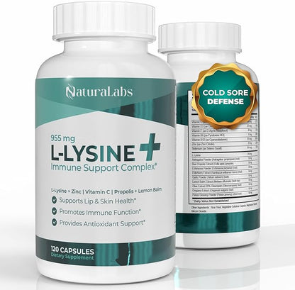 L-Lysine + Cold Sore Immune Support Supplement – with Vitamin C, Zinc, Bee Propolis, Lemon Balm & 9-in-1 Herbal Complex – Promotes Lip & Skin Health – Antioxidant Immune Formula – 120 Ct