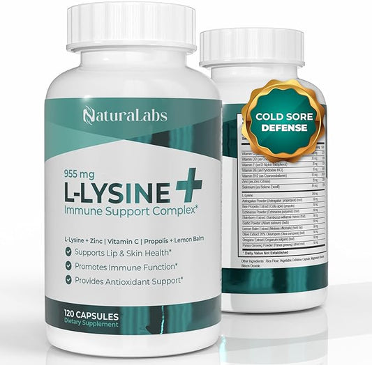 L-Lysine + Cold Sore Immune Support Supplement – with Vitamin C, Zinc, Bee Propolis, Lemon Balm &