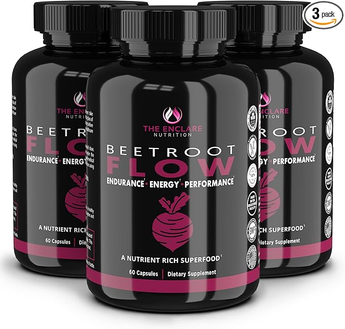 THE ENCLARE NUTRITION Beet Root Powder Capsules, Beetroot 1300mg. Nitric Oxide Supplements for Men, Supports Gut Health for Women, Energy, Brain, Athletic Performance, Heart Health Non GMO 180ct (3)