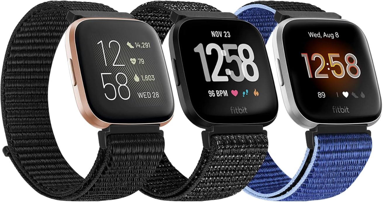 Tiptops 3 Pack Bands Compatible with Fitbit Versa 2/Fitbit Versa/Versa Lite/Versa SE for Women Men, Soft Nylon Sports Loop Replacement Wristband for Fitbit Versa 2 Straps