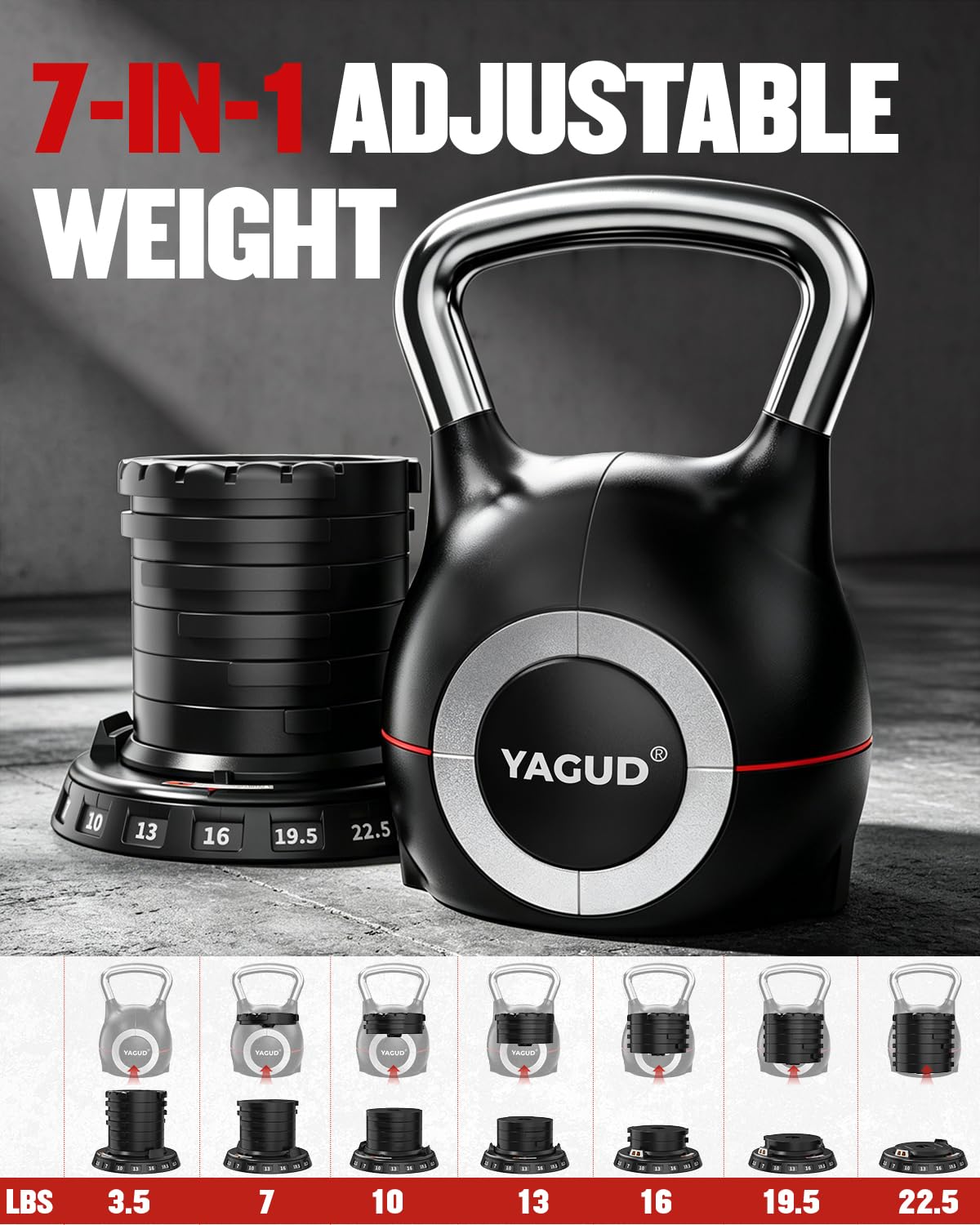 Yagud Adjustable Kettlebell for Strength Training, Quick-Change 3.5-22.5lbs Kettle Bells Weights