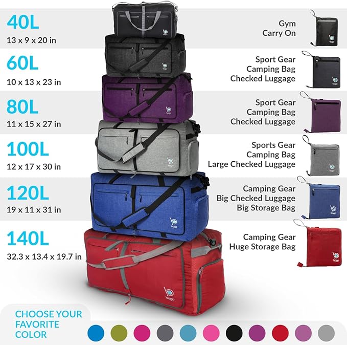 Bago Foldable Duffel Bags for Traveling Women & Men - 60L Medium Packable Duffle Bag for Travel with Shoe Compartment - Water Repellant, Heavy Duty, Lightweight Folding & Collapsible (SnowGray)