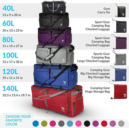 Bago Large Foldable Duffel Bags for Traveling Women & Men - 120L Packable Duffle Bag for Travel with Shoe Compartment - Water Repellant, Heavy Duty, Lightweight Folding & Collapsible (SnowBlue)
