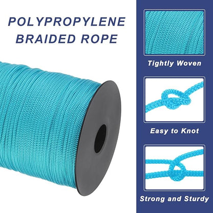 MECCANIXITY 1/8 Inch Polypropylene Rope Braided Ropes, 328ft Nylon Rope Hollow Utility Cord for Clothesline, Camping, Hiking, Outdoor, Blue Green