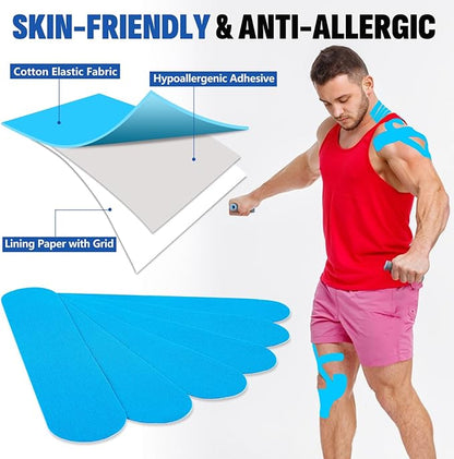 60PCS Precut Kinesiology Tape Strips, 2 inch x 10 inch Athletic Tape, Kinetic Tape, Elastic Muscle Tape, Sports Tape, Knee Tape for Exercise and Daily Use - Light Blue