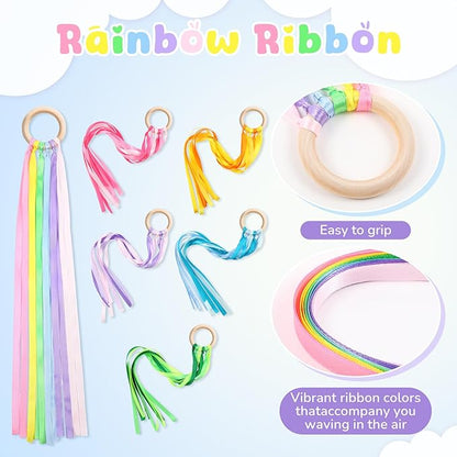 Deekin 12 Pcs Rainbow Ribbon Wooden Waldorf Toys Creative Waldorf Hand Kite Set Streamers with Wood Ring Sensory Learning Educational Toy for Playroom Dancing Birthday(Cute Color)