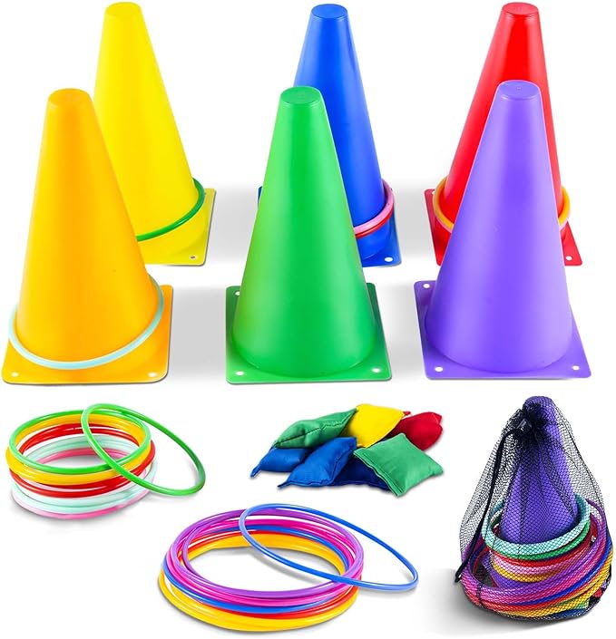OBTANIM 26 Pcs Plastic Colorful Cones Ring Toss Combo Set Outdoor Carnival Games for Kids Adults Birthday Party Throwing Backyard Games