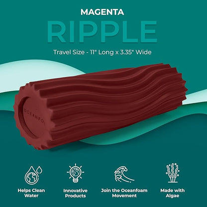 Oceanfoam Ripple Travel Foam Roller (11" x 3.35") Firm Mini Foam Roller for Physical Therapy, Deep Tissue Massage, Back Pain - High Density, Ergonomic Wave Textured - Yoga, Pilates, Exercise (Maroon)