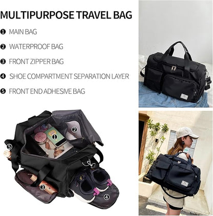 Travel Duffel Tote Bag with Dry Wet Separation Pocket, Weekender Bag for Women and Men，Waterproof Bag with Shoe Compartment Lightweight and Easy Carry on Black