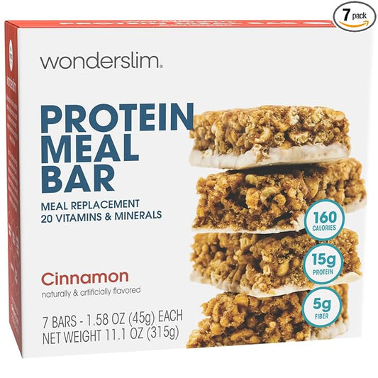 WonderSlim Meal Replacement Protein Bar, Cinnamon, 15g Protein, 20 Vitamins & Minerals, Gluten Free