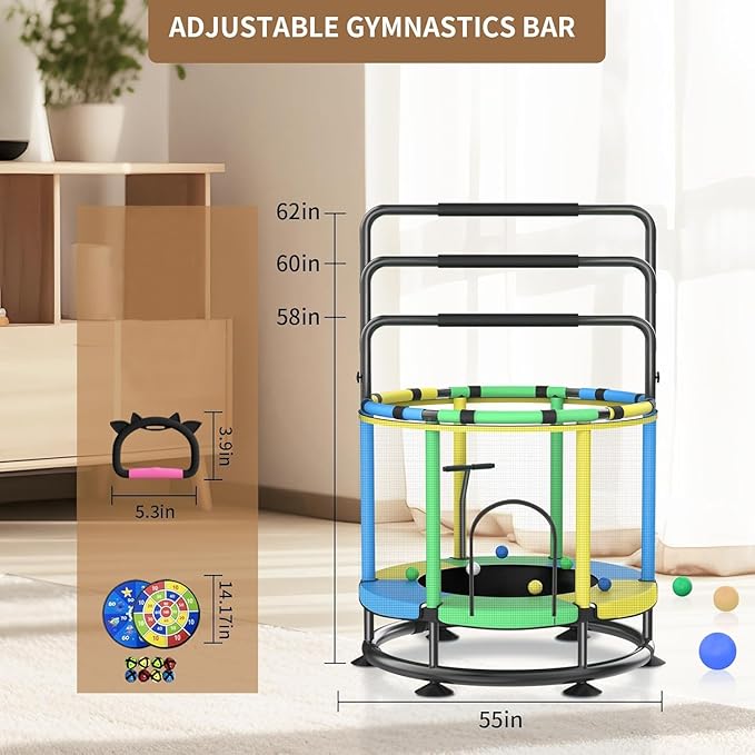 Trampoline for Kids, Full Anti-Rust 440lbs Anti-Rollover Round Bottom Toddler Trampoline, T-handrail Adjustable Baby Toddler Trampolines Dart Board