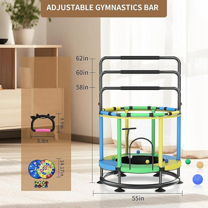 Trampoline for Kids, Full Anti-Rust 440lbs Anti-Rollover Round Bottom Toddler Trampoline, T-handrail Adjustable Baby Toddler Trampolines Dart Board