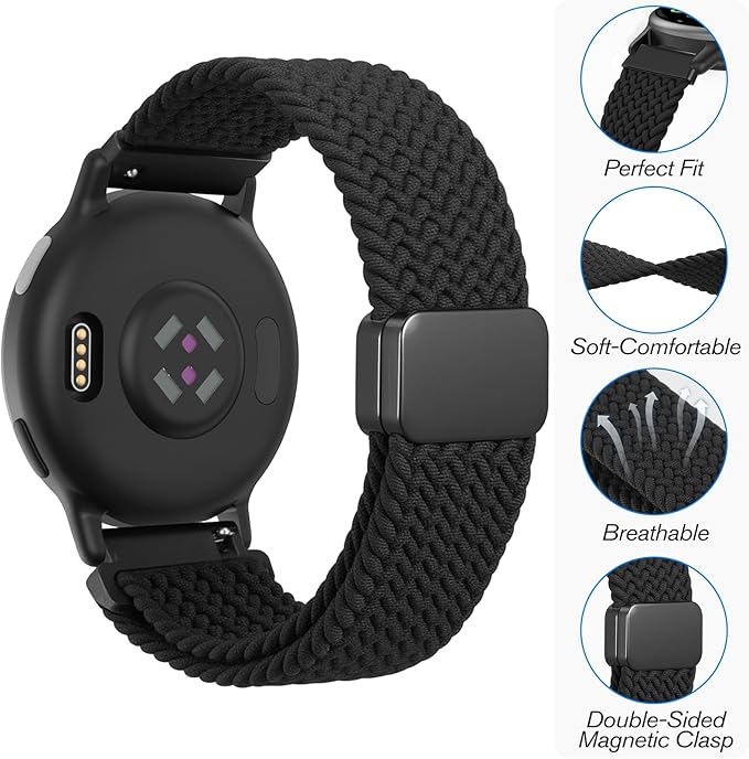 FINTIE Magnetic Braided Band Compatible with Garmin Vivoactive 5/6/Vivoactive 3, Garmin Venu/Venu Sq/Sq 2/Forerunner 55/165/645/245 Music, 20mm Stretchy Nylon Elastic Sport Strap, Black