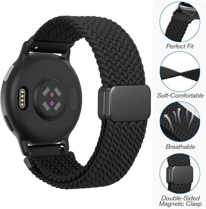 FINTIE Magnetic Braided Band Compatible with Garmin Vivoactive 5/6/Vivoactive 3, Garmin Venu/Venu Sq/Sq 2/Forerunner 55/165/645/245 Music, 20mm Stretchy Nylon Elastic Sport Strap, Black