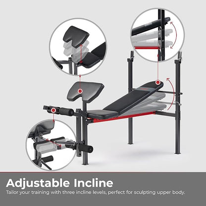 Sunny Health & Fitness Compact Premium Incline Bench Press Bar Rack Set & Optional Leg Extension Developer, Preacher Curl for Solid Strength Training Home Gym