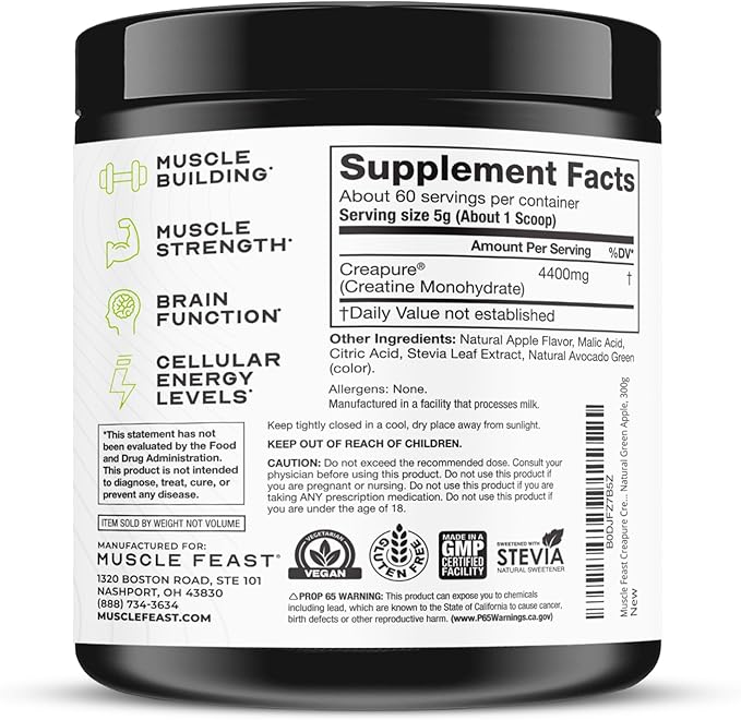 Muscle Feast Creapure Creatine Monohydrate Powder, Vegan Keto Friendly Gluten-Free Easy to Mix, Muscle Recovery Supplement, Creatine for Muscle Growth, Flavored Creatine, Natural Green Apple, 300g