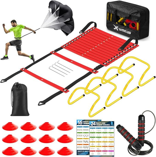 Agility Ladder Speed Training Equipment Set-20ft Agility Ladder,12 Soccer Cones,4 Hurdles, Jump Rope, Running Parachute| Basketball Football Soccer Training Equipment for Kids Youth Adults