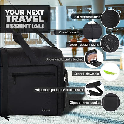 Bago Foldable Duffel Bags for Traveling Women & Men - 60L Medium Packable Duffle Bag for Travel with Shoe Compartment - Water Repellant, Heavy Duty, Lightweight Folding & Collapsible (All Black)