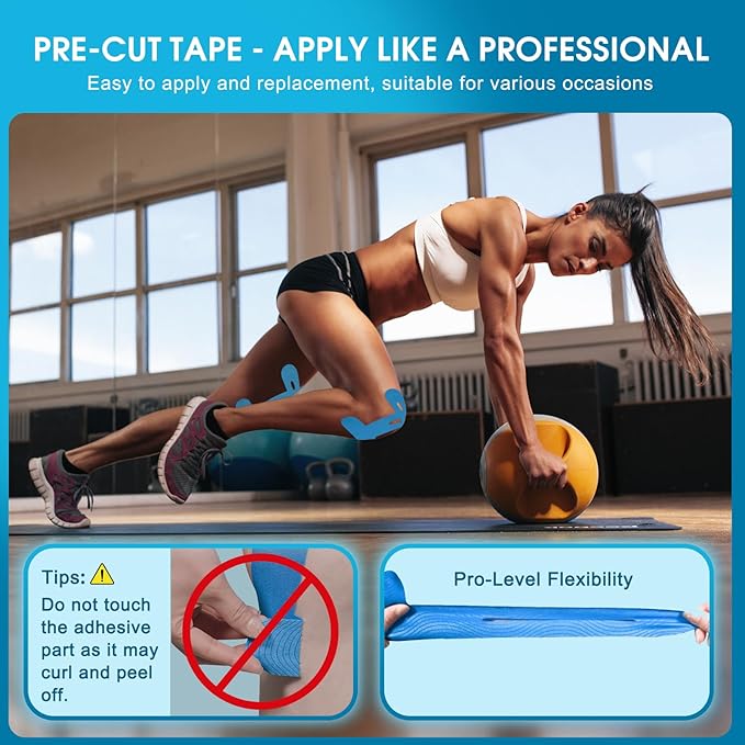 12PCS Precut Kinesiology Tape for Knees | Athletic Tape | Original Cotton & Elastic Kinesiology Athletic Tape – Knee Support & Stability & Pain Relief | Latex-Free | Breathable & Waterproof (Black)