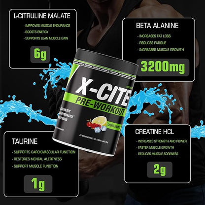 X-CITE Pre-Workout by ATHLEAN-X - Enhanced Formula with Beta-Alanine, Creatine & Caffeine for Ultimate Energy, Endurance, Focus & Muscle Pump, NSF Certified for Sports (22 Servings, Sour Green Apple)
