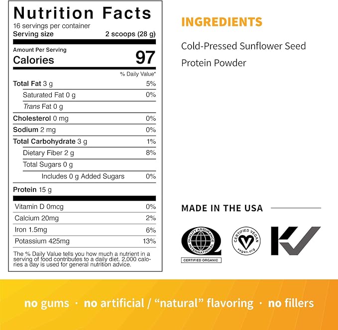 Sprout Living Simple Sunflower Seed Protein Powder, 15 Grams Organic Plant Based Protein Powder Without Artificial Sweeteners, Non Dairy, Non-GMO, Vegan, Gluten Free, Keto Drink Mix (1 Pound)