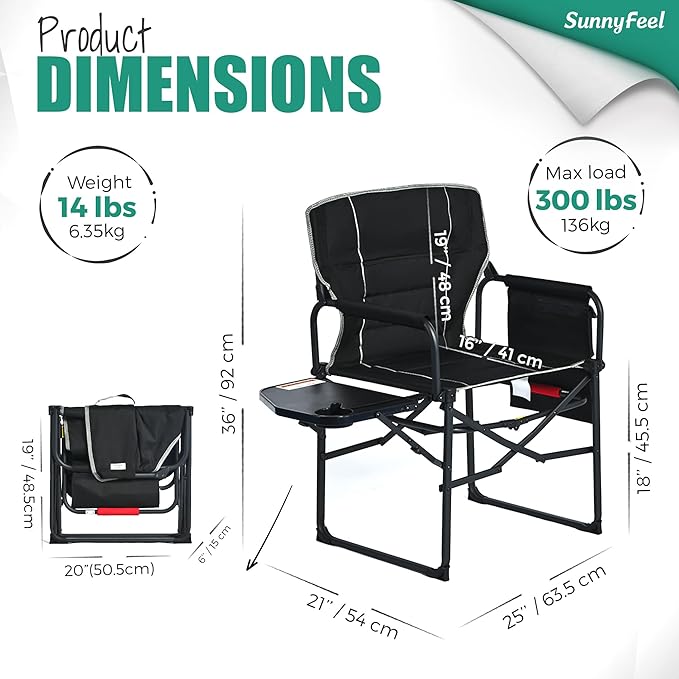 SUNNYFEEL Oversized Camping Directors Chair 2 Pack, Portable Folding Lawn Chairs for Adults Heavy Duty with Side Table,Pocket for Beach, Fishing,Picnic,Concert Outdoor, Foldable Camp Chairs