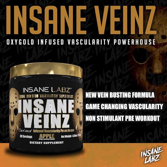 Insane Labz Insane Veinz Gold, Nitric Oxide Non Stimulant pre Workout Powder, Loaded with Hydromax, Nitrosigine, Increases Vascularity and Blood Flow, 30 Srvgs, Apple