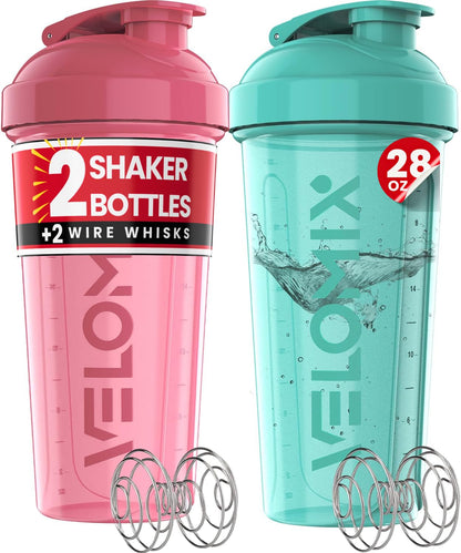 VELOMIX 2 Pack 28oz Protein Shaker Bottle for Protein Mixes, Pink/Turquoise