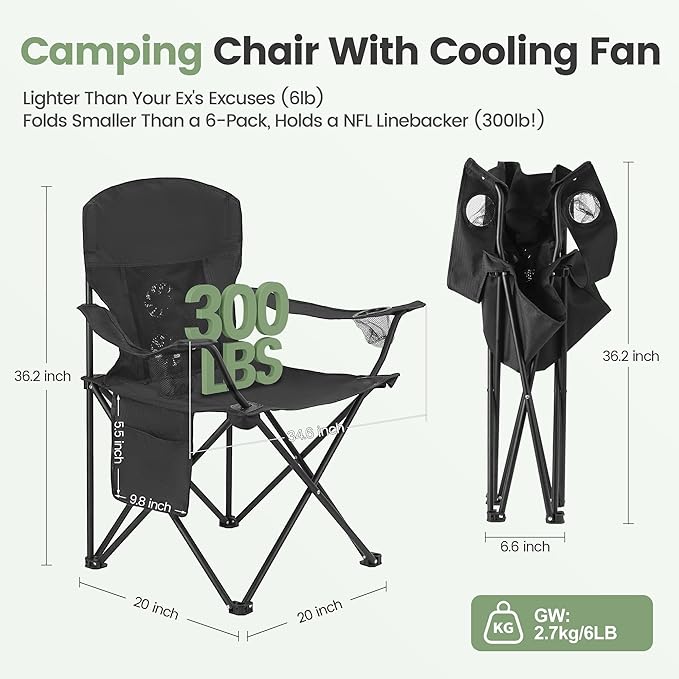 2 Pack Camping Chairs with Fan, Lightweight Camp Chair 300LBS Portable Foldable Chairs for Adults & Teens, Compact with Carry Bag for Camping, Beach, Picnics, Outdoor