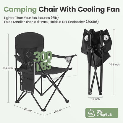 2 Pack Camping Chairs with Fan, Lightweight Camp Chair 300LBS Portable Foldable Chairs for Adults & Teens, Compact with Carry Bag for Camping, Beach, Picnics, Outdoor