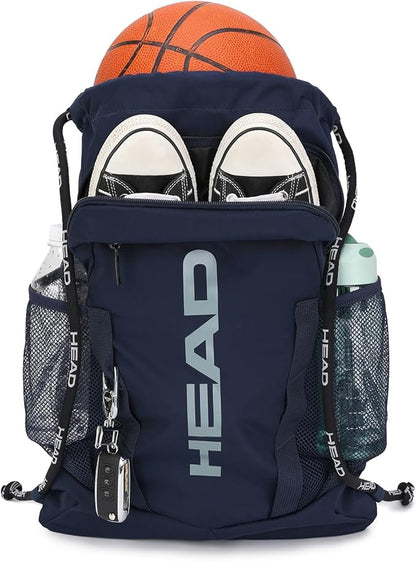 HEAD Waterproof Gym Sackpack for Sport with 2 Zipper Pockets, Large Drawstring Backpacks for Men with Side Pockets for Water Bottle (Blue)