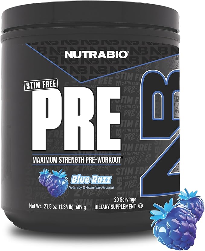 NutraBio STIM-Free PRE Workout for Men, New Formula | Laser Focus, Extreme Pumps | Performance, Endurance | 10g Citrulline, Beta Alanine, Nitrates, Nootropics, Electrolytes - 20 Servings Blue Razz