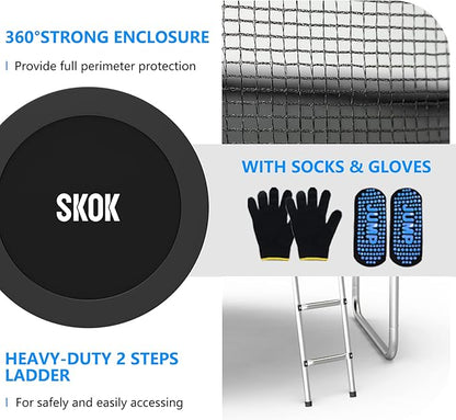 SKOK Trampoline 8FT 10FT 12FT 14FT 15FT Trampolines with Enclosure Net, 400LBS Outdoor Trampolines for Kids with Basketball Hoop-ASTM Approved Trampoline for Children and Adults with Ladder