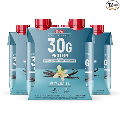 SlimFast Essentials 30g Vanilla Protein Shake, Protein Shakes Ready to Drink, Muscle Support, 1g Sugar, 24 Vitamins and Minerals, 1g Net Carbs, Very Vanilla, 12 Count