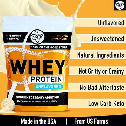 100% Whey Protein Powder Unflavored, Unsweetened for Men & Women - Clean, Natural, No Artificial Ingredients - 2lb, Soy Free, No Gluten, Keto, Low Carb - Post Workout Muscle Growth