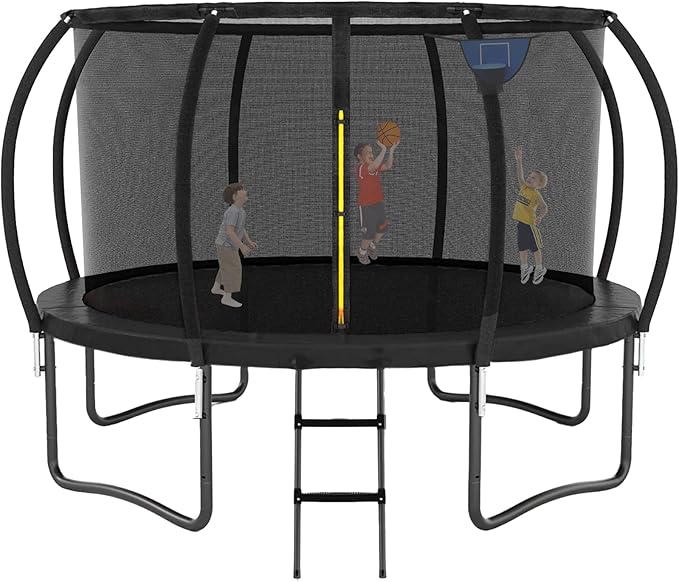 Trampoline 12FT 14FT 15FT 16FT for Kids/Adults - Outdoor Recreational with Enclosure Net Curved Poles and Ladder, Heavy Duty Anti-Rust Coating, ASTM Approval