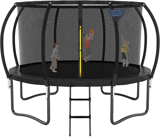 Trampoline 12FT 14FT 15FT 16FT for Kids/Adults - Outdoor Recreational with Enclosure Net Curved Poles and Ladder, Heavy Duty Anti-Rust Coating, ASTM Approval