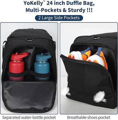 24 inch Large Gym Bag for Men - 65L Hard Bottom Duffle Bag with Shoes Compartment for Sport/Travel - Black