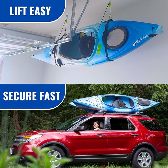Tie Boss Kayak Hanger, Cargo Ceiling Storage, Overhead Storage, Watercraft Garage Storage, Hoist System. Green
