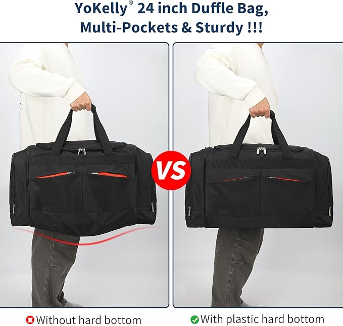 24 inch Large Gym Bag for Men - 65L Hard Bottom Duffle Bag with Shoes Compartment for Sport/Travel - Black