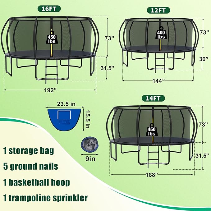 Trampoline 12FT 14FT 15FT 16FT for Kids/Adults - Outdoor Recreational with Enclosure Net Curved Poles and Ladder, Heavy Duty Anti-Rust Coating, ASTM Approval