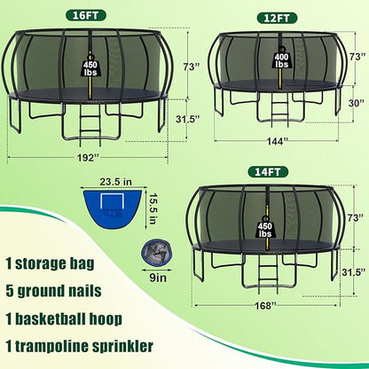 Trampoline 12FT 14FT 15FT 16FT for Kids/Adults - Outdoor Recreational with Enclosure Net Curved Poles and Ladder, Heavy Duty Anti-Rust Coating, ASTM Approval